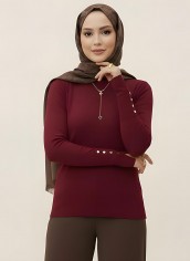 Pamuklu Kol Detaylı Body - Bordo