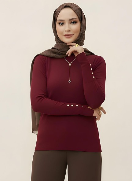 Pamuklu Kol Detaylı Body - Bordo