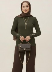 Pamuklu Kol Detaylı Body - Haki