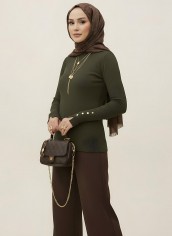 Pamuklu Kol Detaylı Body - Haki