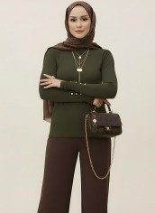 Pamuklu Kol Detaylı Body - Haki