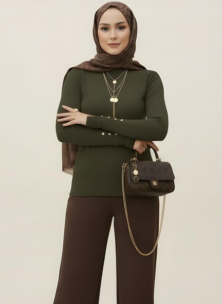 Pamuklu Kol Detaylı Body - Haki