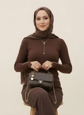 Pamuklu Kol Detaylı Body - Kahverengi