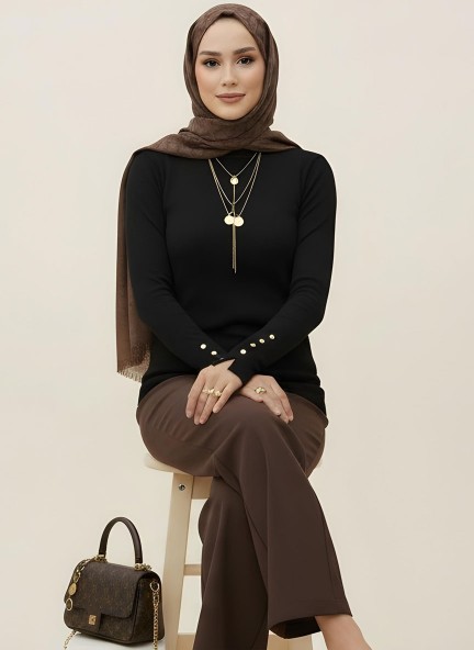 Pamuklu Kol Detaylı Body - Siyah