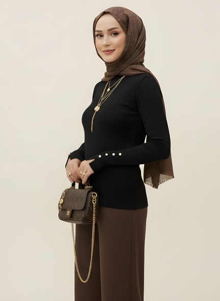 Pamuklu Kol Detaylı Body - Siyah